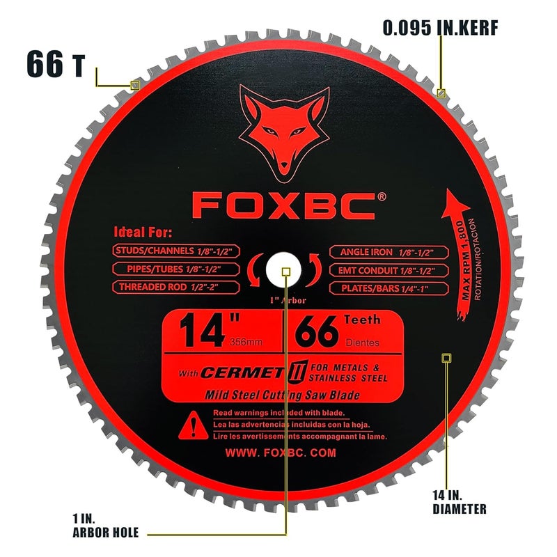 FOXBC 14 Inch Metal Steel Cutting Saw Blade 66 Tooth for Evolution 14 Inch Chop Saw and Other, Cermet Carbide Up to 5X Longer Life - Image 2